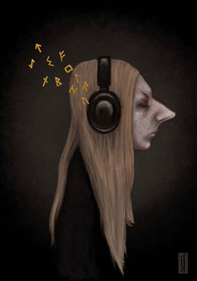 self-portrait with headphones and runes